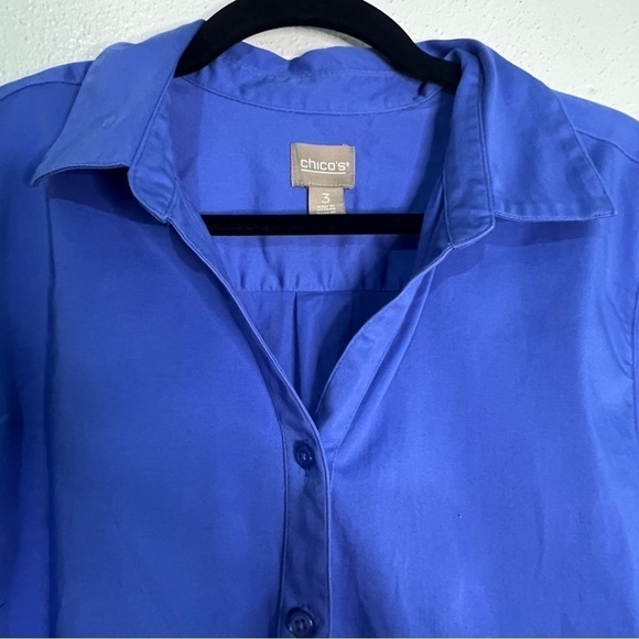 Chico’s brilliant blue button-down shirt with 3/4th sleeves. Sz 3. Preowned. EUC - Picture 3 of 8
